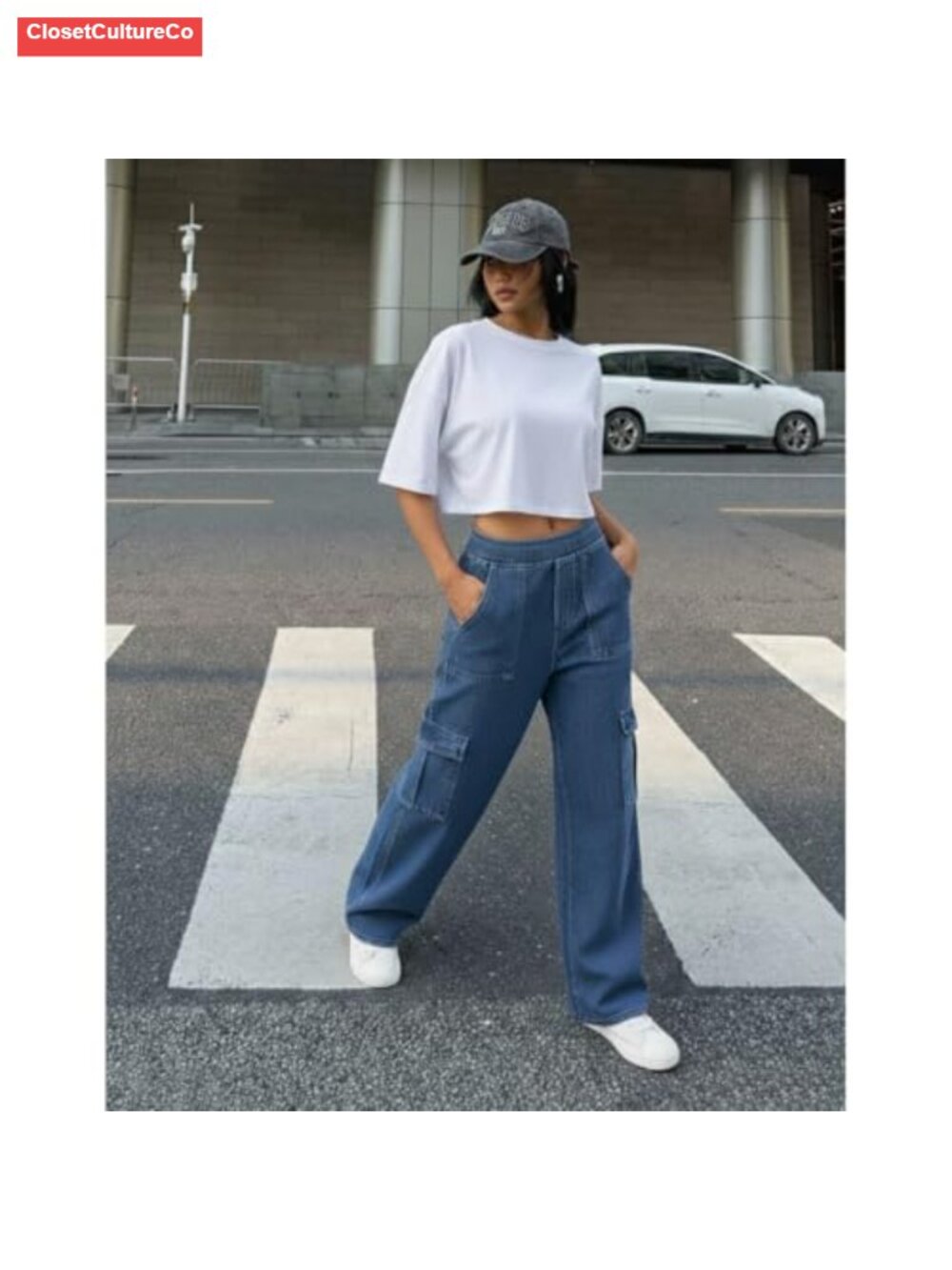 Pull On Cargo Jeans Elastic Waist Wide Leg Stretch Denim Pockets - Picture 2 of 6